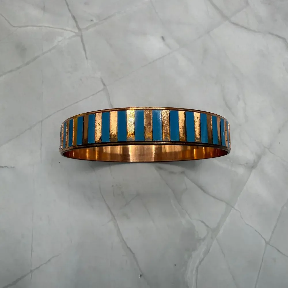 Vintage Copper Turquoise Blue Enamel Striped Bangle Bracelet MCM Boho